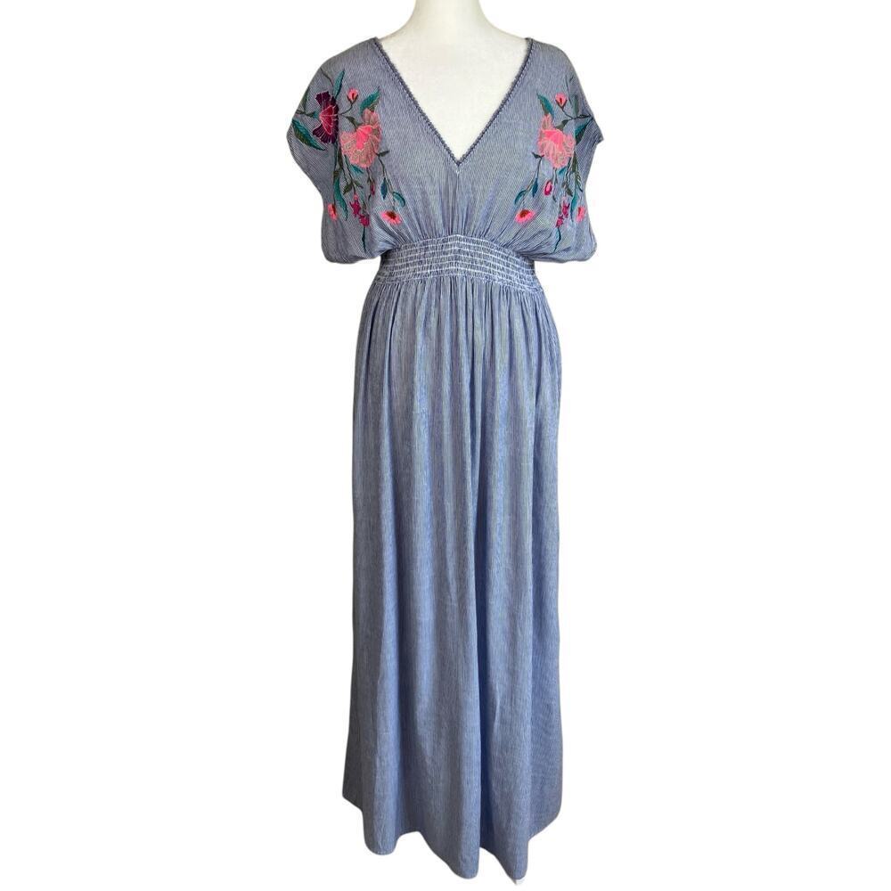 See And Be Seen Sz L Floral Embroidered Maxi Dress Striped Smocked Waist Beachy - Picture 4 of 16